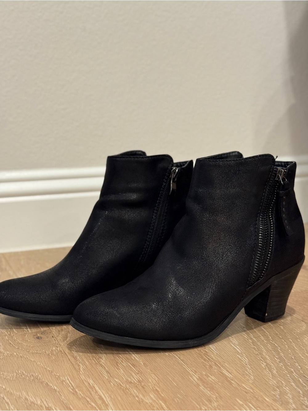 N.Y.L.A. Black Leather Side-Zip Ankle Booties
